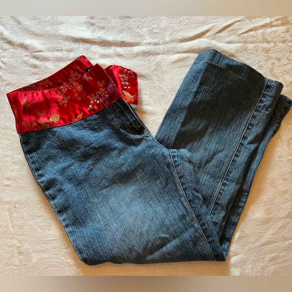 I.N.C. Denim cropped jeans with red floral Asian inspired trim